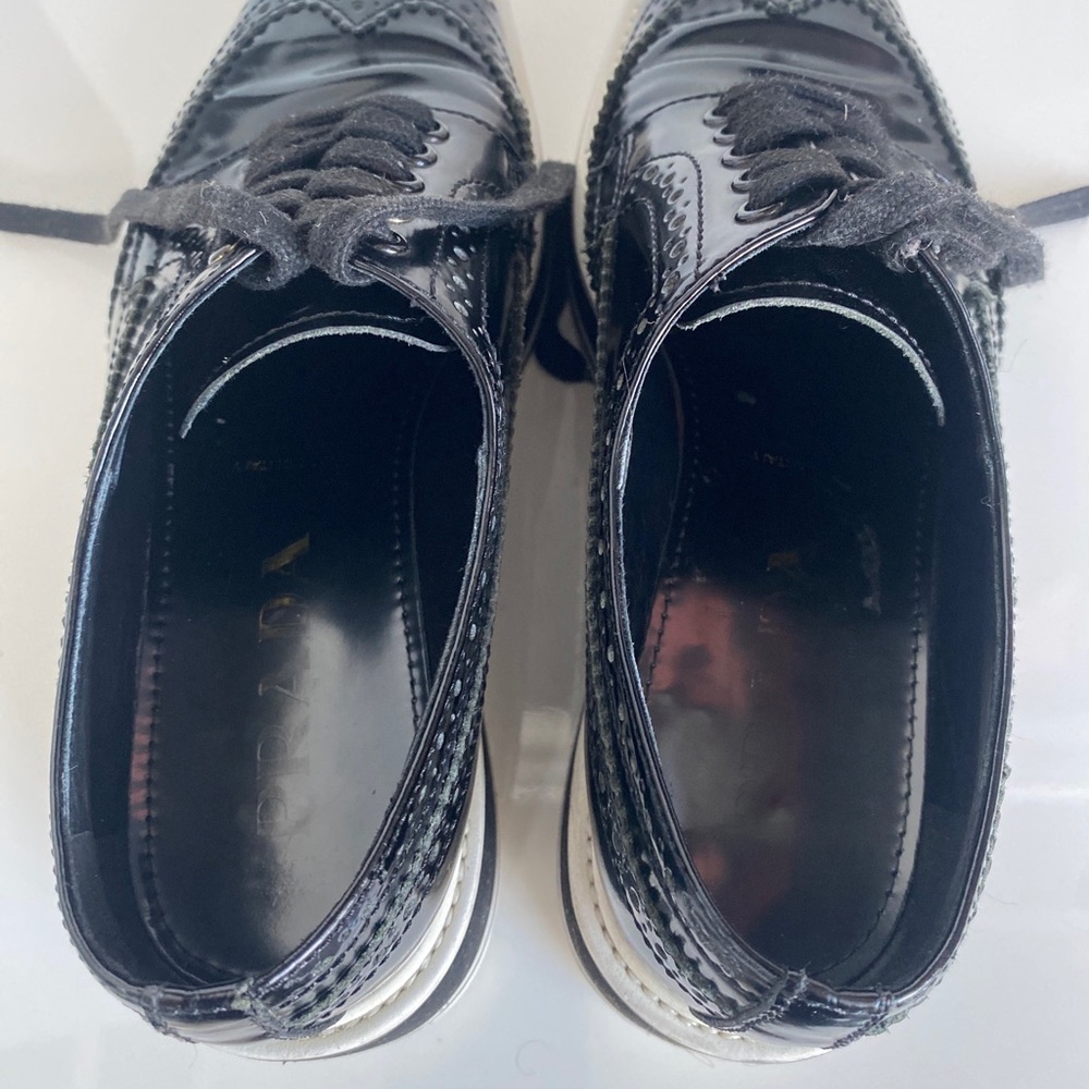 SOLD - Prada SS 2011 Black Brushed Leather Wingtip Brogues Derby Creeper 37/ - Picture 14 of 16